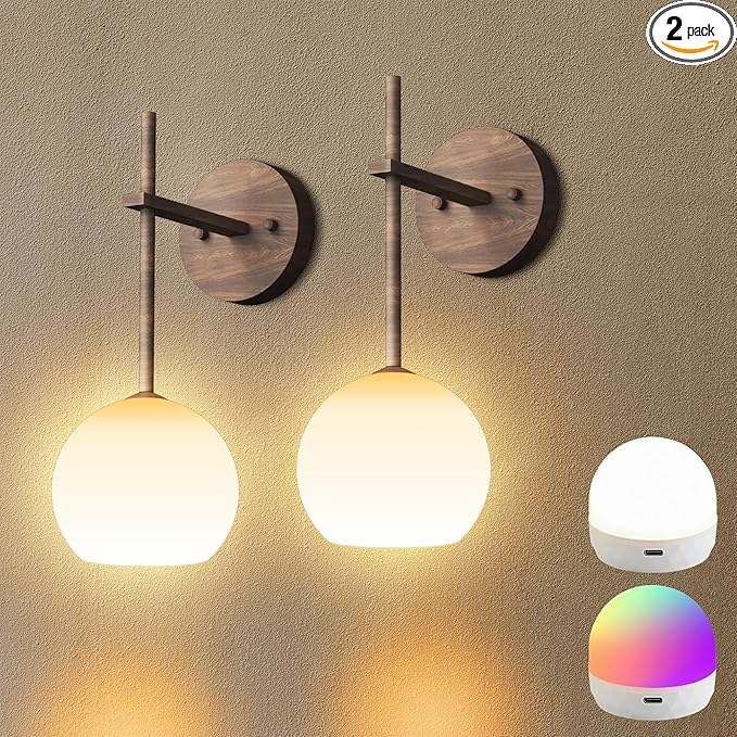 Walnut Grain Battery Operated Wall Sconces Set of 2, Rechargeable Wireless Wall Lights with Milky White Frosted Glass, 12 RGB and 3CCT Dimmable, Wall Lamps with Remote for Bedroom Living Room Hallway