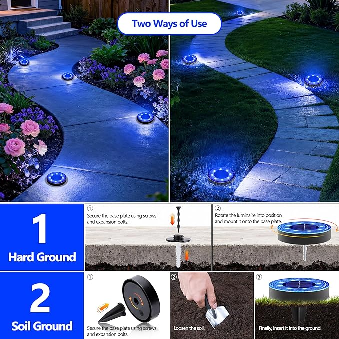 Joomer 12 Pack Solar Ground Lights, 8 LED Solar Lights Outdoor Waterproof IP68 Solar Disc Lights Landscape Lighting Garden Lights for Patio Pathway Lawn Yard Driveway Walkway(Blue)