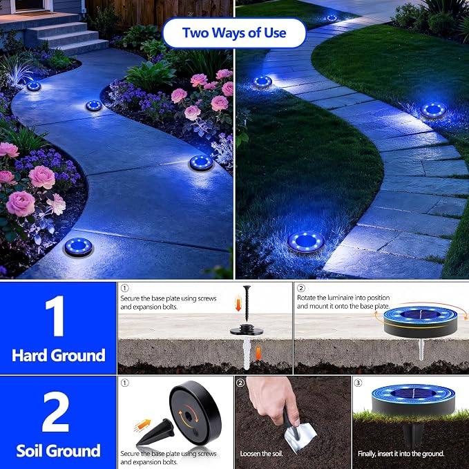 Joomer 2-in-1 Solar Lights Outdoor Waterproof, 4 Pack 8 LED, Blue | Solar Powered Garden Lights Ground Disc Landscape Lighting for Patio Pathway Lawn Yard Driveway Walkway Deck Step
