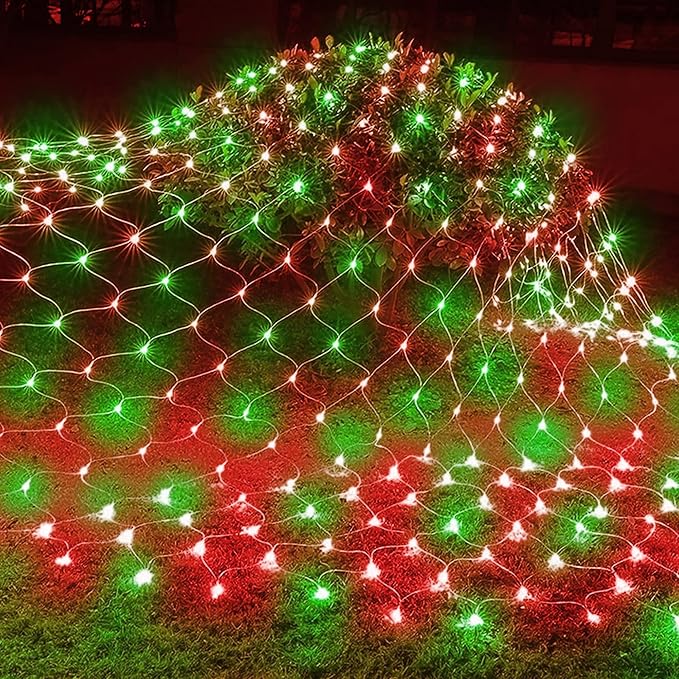 Dazzle Bright Christmas Net Lights, 360 LED 12FT x 5 FT Transparent Wire Waterproof Connectable String Lights with 8 Modes for Bushes Garden Party Holiday Decoration (Red and Green)
