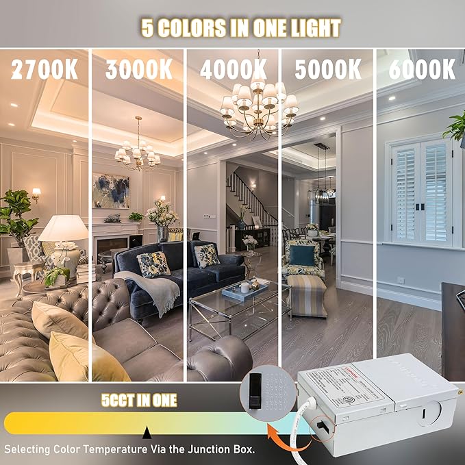LAMPHOME 12-Pack of 8-Inch Slim LED Recessed Lights with Junction Box, Adjustable Color Temperatures (2700K-5000K), 18W Equivalent to 125W, Dimmable, 1600LM Brightness - ETL and Energy Star Certified