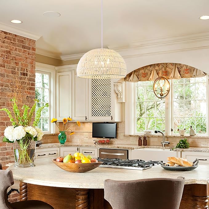 17.6 inch Cream Woven Pendant Light Wicker Pendant Lights 3-light Rattan Light Fixture Boho Chandelier Farmhouse Chandelier Dome Pendant Light for Dining Room Living Room Bedroom(Bulb Incl