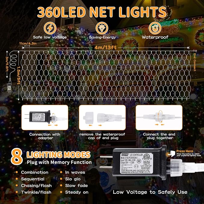 HEYFUNi Net Mesh String Lights, 360LED Multicolor Light Bulbs, 8 Lighting Modes, for Indoor Outdoor, Curtain, Christmas Tree, Bush, Party, Wedding, Fairy, Wall Decor (13 ft x 5 ft,Multicolor)