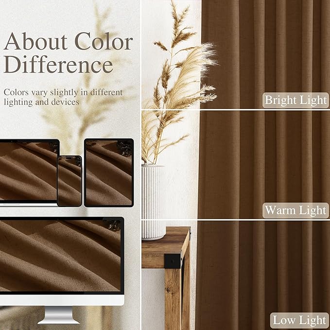 Nanspring Tobacco Brown Linen Curtains 63 Inches Long 2 Panels for Living Room Back Tab Pocket Light Filtering Translucent Modern Farmhouse Cotton Linen Curtain Texture 52X63 Inches