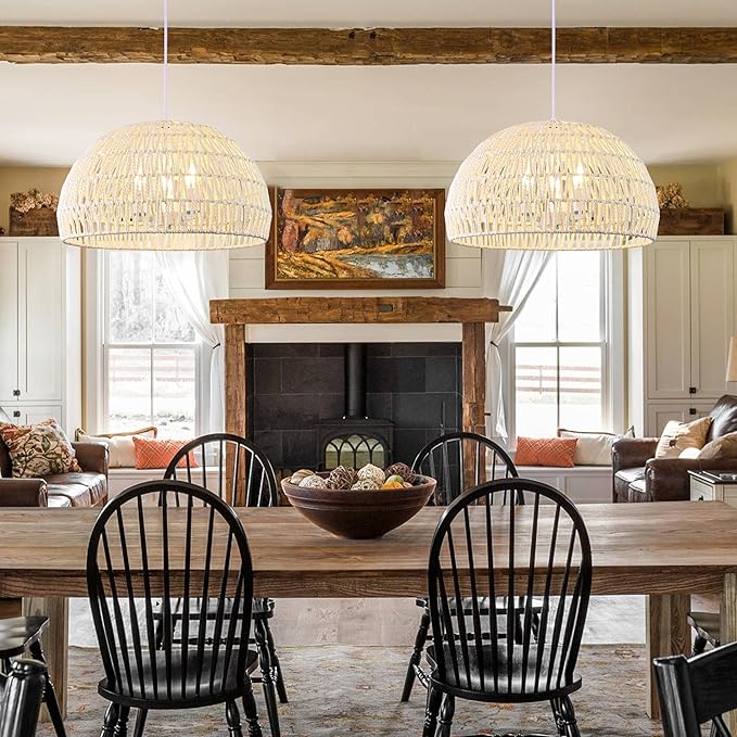 17.6 inch Cream Woven Pendant Light Wicker Pendant Lights 3-light Rattan Light Fixture Boho Chandelier Farmhouse Chandelier Dome Pendant Light for Dining Room Living Room Bedroom(Bulb Incl