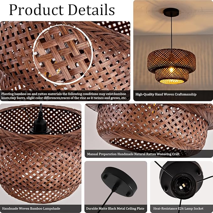 Dark Curry Bamboo Pendant Light,Boho Rattan Hanging Light,13.78" Hand Woven Wicker Chandelier for Kitchen Island for Kitchen Island Dining Bedroom Living Room Restaurants