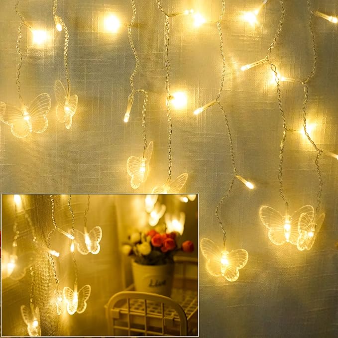 Curtain Butterfly String Light 20Ft 120LED Window USB Fairy Lights 24 Butterfly 8 Modes with Remote Control for Room Bedroom Patio Party Wedding Holiday Christmas Decoration (Warm White)