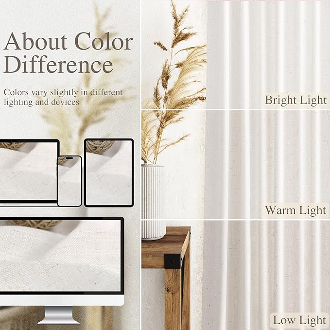 Ivory White Linen Curtains for Living Room 98 Inches Long Light Filtering Semi Sheer Curtain Back Tab Rustic Luxury Neutral Modern Farmhouse Decor Drapes for Bedroom Dinner Room 52x98, 2 Panels