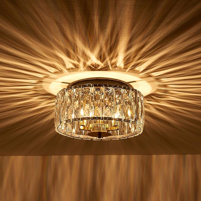 K9 Crystal Ceiling Light, 3-Light Modern Flush Mount Ceiling Light Fixture for Living Room, Dinning Room Hallway, D12 × H6 inch, Black & Gold Finish Frame & K9 Crystal