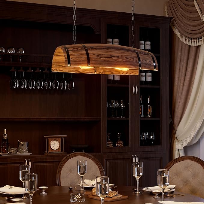PakaLife Antique Wood Wine Barrel，Pool Table Light Fixture Pendant Lights Kitchen Island Hanging Rustic Bar Ceiling,Pool Table Light