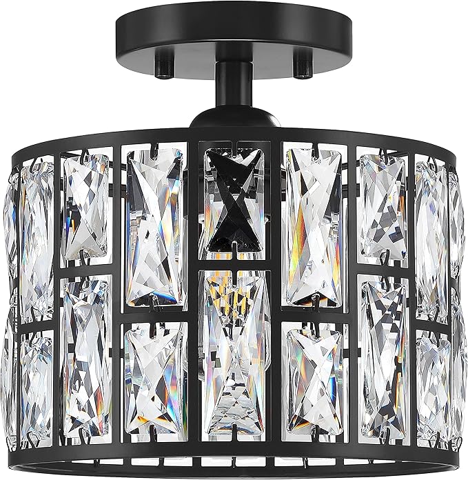 1 Light 9.25" Crystal Hanging Kitchen Island Ceiling Light Black Finish,Concise Semi Flush Mount Fixture Crystal Pendant Chandelier Shade for Bar,Dining Room,Living Room Over Sink