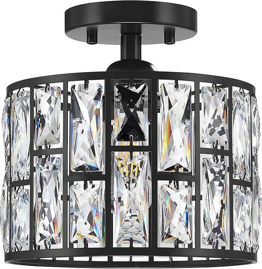 1 Light 9.25" Crystal Hanging Kitchen Island Ceiling Light Black Finish,Concise Semi Flush Mount Fixture Crystal Pendant Chandelier Shade for Bar,Dining Room,Living Room Over Sink
