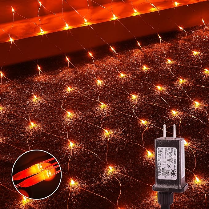 woohaha Outdoor Halloween Net Lights, 9.8FTx6.6FT 192 LED Plug-in Mesh Lights with 8 Lighting Modes, Connectable Light for Bush Christmas Garden Tree Holiday Wedding Party Decor, Orange