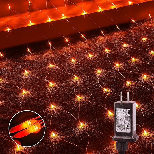 woohaha Outdoor Halloween Net Lights, 9.8FTx6.6FT 192 LED Plug-in Mesh Lights with 8 Lighting Modes, Connectable Light for Bush Christmas Garden Tree Holiday Wedding Party Decor, Orange