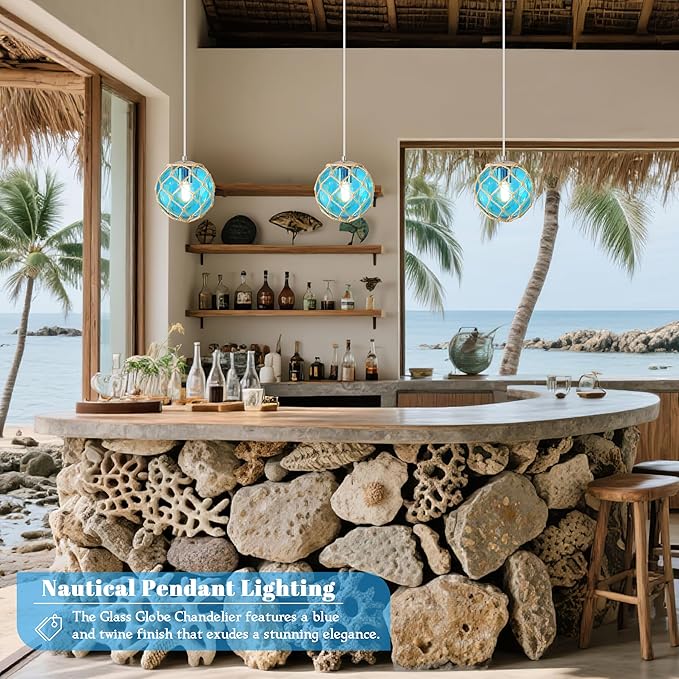 6" Blue Coastal Pendant Light Kitchen Island,Glass Globe Ocean Ceiling Light Fixture Beach House,Dimmable Hemp Rope Light Fixture Hanging For Bathroom Living Room Farmhouse Entry Bedroom(Bulb Incl.