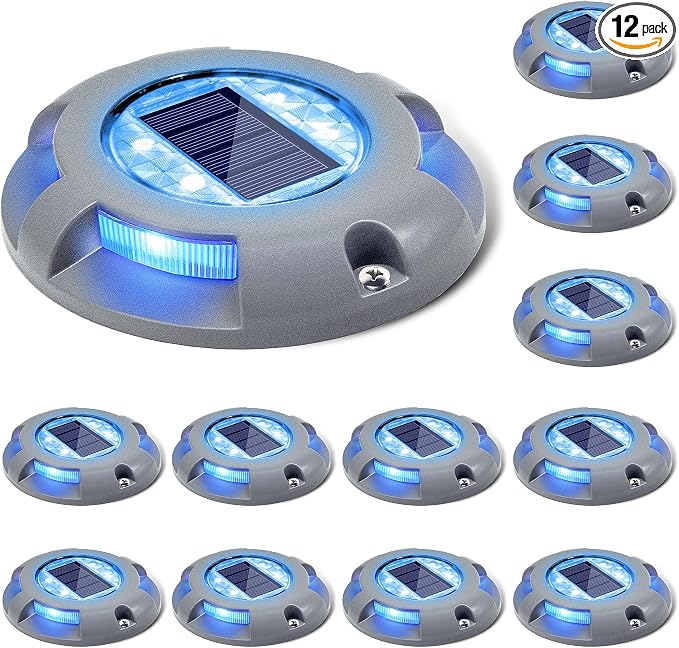 SIEDiNLAR Solar Deck Lights Driveway Dock Light LED Solar Powered Outdoor Waterproof Road Markers for Garden Step Sidewalk Stair Ground Pathway Yard 12 Pack (Blue)