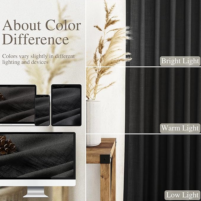 Black Linen Curtains 84 inches Long 2 Panels for Bedroom Back Tab Light Filtering Privacy Sheer Black Curtains Muslin Look Modern Farmhouse Cotton Textured Gauze Curtain for Living Room 2 Panel Set