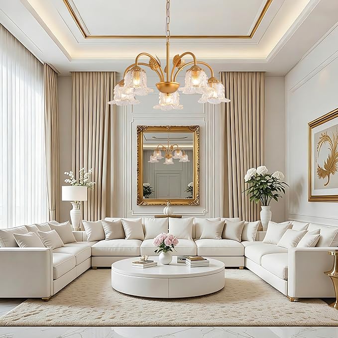 5-Light Vintage Chandeliers for Dining Room 25" Modern Gold Glass Chandelier Rustic Adjustable Pendant Light Fixture for Kitchen sland Living Room Bedroom
