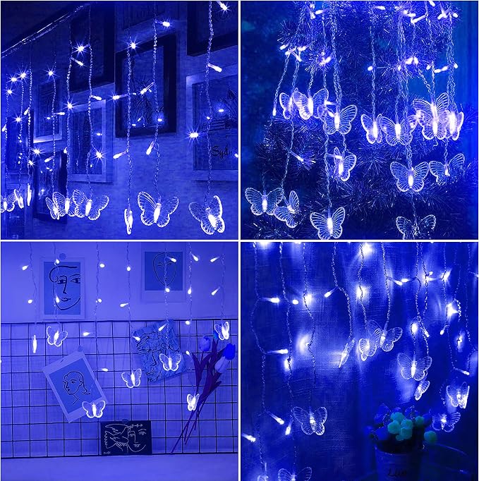 Curtain Butterfly String Light 20Ft 120LED Window USB Fairy Lights 24 Butterfly 8 Modes with Remote Control for Room Bedroom Patio Party Wedding Holiday Christmas Decoration (Blue)