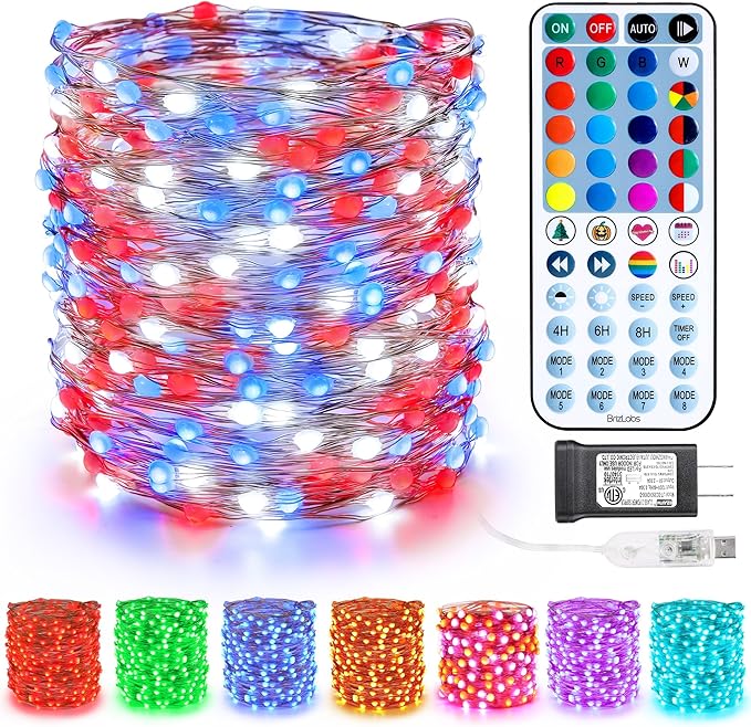 BrizLabs Color Changing Fairy Lights, 66ft 200 LED Red White Blue Fairy Lights with Remote, July 4th Lighting with Timer Dimmable Twinkle Light Music Sync for Indoor Xmas Halloween 4th of July Party
