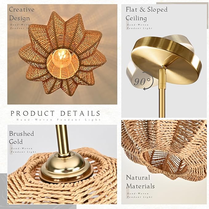 Rattan Pendant Light 12.6 in Hemp Rope Rattan Light Fixture Woven Pendant Wicker Chandelier Boho Chandelier for Hallyway