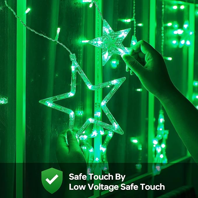 St Patricks Day Lights, 126 LED 8.2 FT Green Star Icicle Lights with 8 Modes Waterproof, Plug in Clear Wire Timer Curtain Lights for St Patrick Decorations Indoor Window Outdoor Party Decor