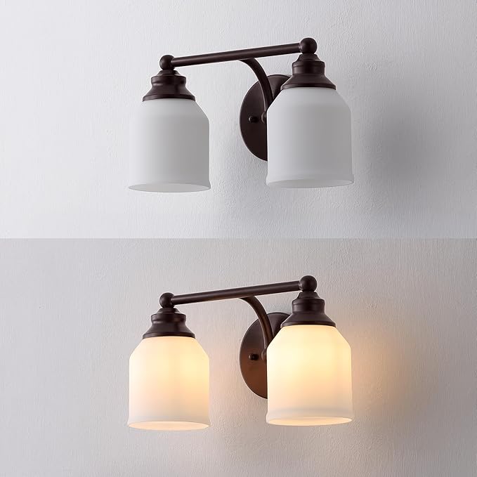 JONATHAN Y 14" Oil Rubbed Bronze/White Modern Farmhouse LED Vanity Light Wall Sconce Fixture, Frosted White Glass Shade, Dimmable Wall Lamp for Bathroom Mirror Kitchen Sink, UL Listed (JYL7550C)