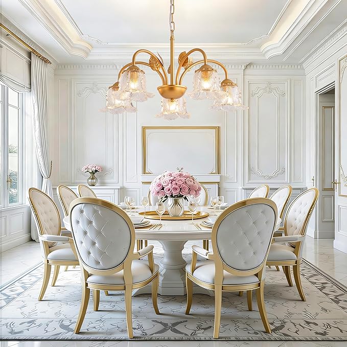 5-Light Vintage Chandeliers for Dining Room 25" Modern Gold Glass Chandelier Rustic Adjustable Pendant Light Fixture for Kitchen sland Living Room Bedroom