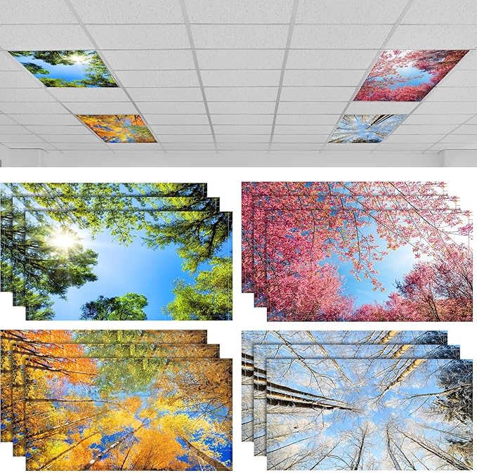 Hortsun 12 Pcs Fluorescent Light Covers Bulk, 4 x 2 ft Magnetic Fluorescent Drop Ceiling Lighting Covers Light Filter Shade for Home, Office, Hospital, School Classroom Decoration(Seasons Forest)