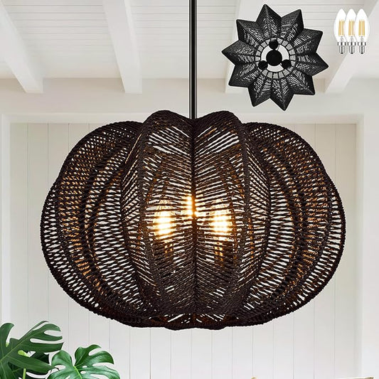 17.7 Inch Rattan Pendant Light Black Hemp Rope Rattan Light Fixture Woven Pendant Wicker Chandelier 3-Light Boho Chandelier for Foyer