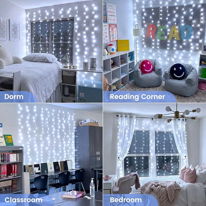 HEYFUNi 6.6ft x 6.6ft Warm White Curtain Lights Plug in - 200 LED Window String Lights with Remote, 8 Modes, Timer & Memory, Connectable Fairy Lights for Bedroom Wall Wedding Dorm Decor, White