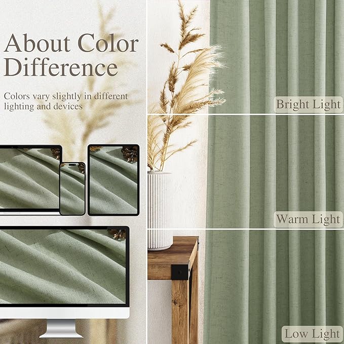 Light Sage Linen Curtains for Living Room 63 Inches Long 2 Panel Set Light Filtering Linen Drapes for Kitchen Windows Rod Pocket Back Tab Short See Through Curtain Country Farmhouse Decor 52x63