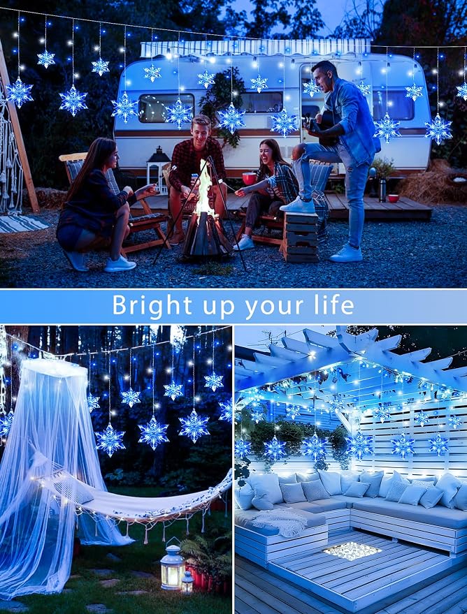 Christmas Snowflake Lights,8.2ft 144LED Curtain Icicle Lights with 12 Drops,Connectable 8 Modes Timer Xmas Icicle Light Plug in for Bedroom,Window,Wedding,Indoor Outdoor Decor,Blue White