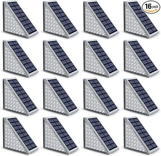 NIORSUN Outdoor Step Lights, Upgraded 28 LEDs 2 Brightness Modes, IP67 Waterproof Solar Stair Lights for Outside Steps, 1200mAh Battery Long Runtime Warm White for Patio Deck Yard Porch, 16 Pack
