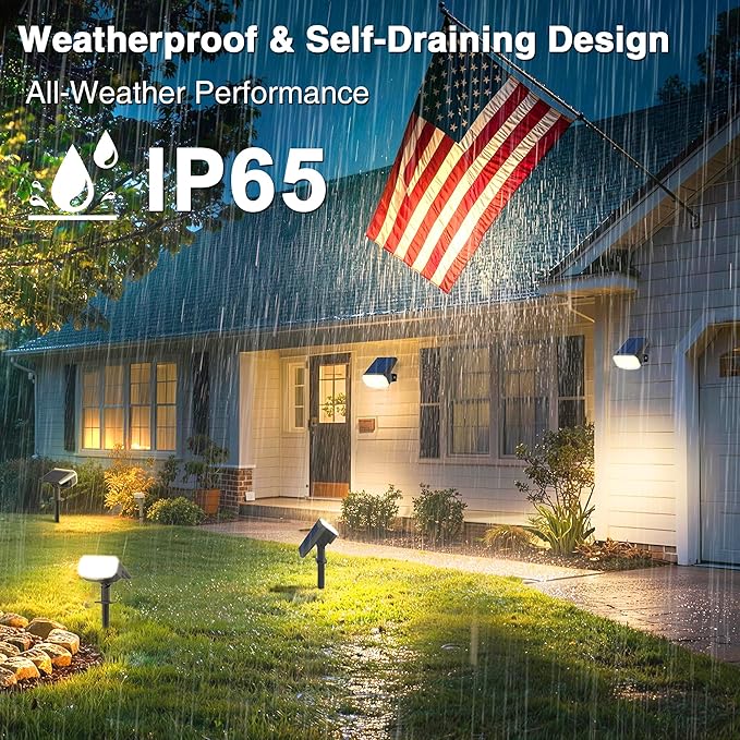 JEJOT Solar Lights Outdoor Waterproof IP65, Super Bright LED with Lens, 3000K 2 Lighting Modes, Solar Powered Yard Garden Solar Spot Lights for Outside Landscape Auto On/Off -2 Pack