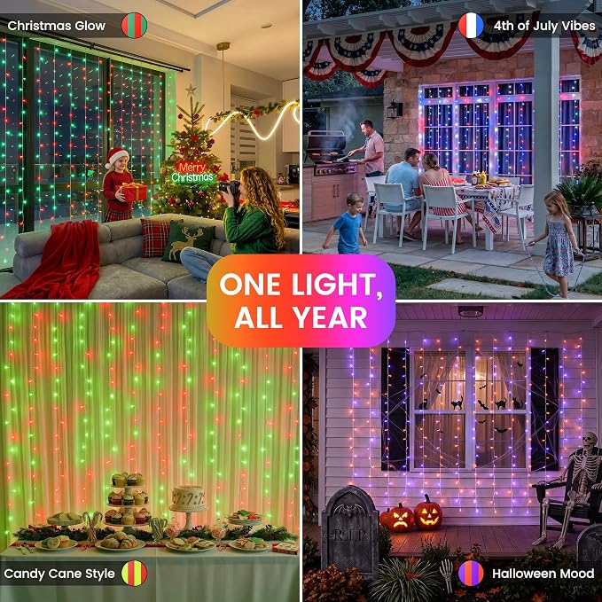 HEYFUNi Smart RGB-IC Curtain Lights - 8.2x6.6ft 280 LED Window Lights with App Control & Music Sync, Warm White & Magic Color Changing Fairy Lights with 2.4G Remote, DIY Modes for Bedroom Party