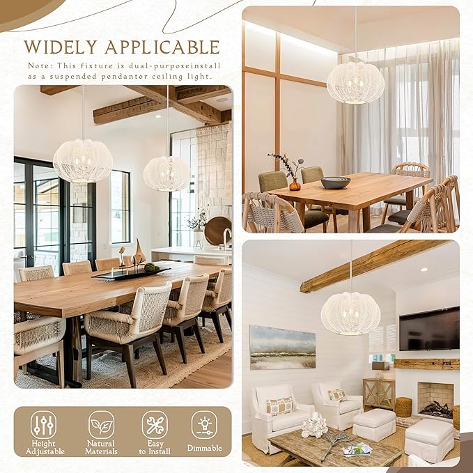 17.7 Inch Rattan Pendant Light White Hemp Rope Rattan Light Fixture Wicker Chandelier Woven Pendant 3-Light Boho Chandelier for Kitchen Island