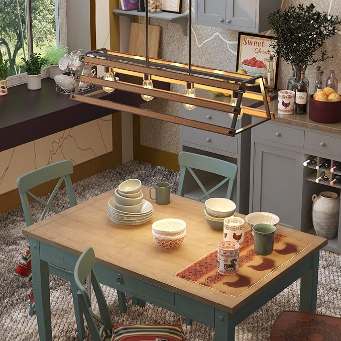 Inlight 34" Wide Farmhouse 4-Light Kitchen Island Pendant Light, Textured Black and Faux Painted Wood Finish, Rustic and Industrial Design Linear Chandelier for Dining Room, IN-0335-4-WD