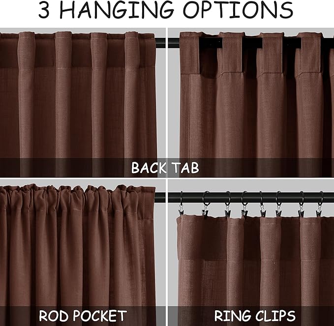Rustic Brown Linen Curtains 90 Inch Long 2 Panels Set for Bedroom Living Room Linen Textured Window Drapes Semi Sheer Light Filtering Rod Pocket Back Tab Cotton Textured Farmhouse Curtain 52x90