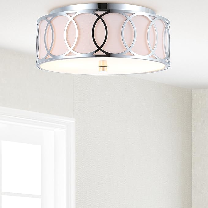 JONATHAN Y 12.25" Chrome 2-Light Modern Metal LED Flush Mount Ceiling Light for Bedroom Hallway, White Linen Drum Shade with Geometric Fretwork, LED Bulbs Included (JYL3502B)
