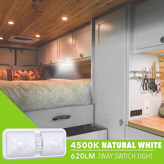 Leisure LED 2 Pack RV LED Ceiling Double Dome Light Fixture with ON/Off Switch Interior Lighting for Car/RV/Trailer/Camper/Boat DC 12V 48X2835SMD (Frosted Lens Natural White 4000-4500K, 2-Pack)