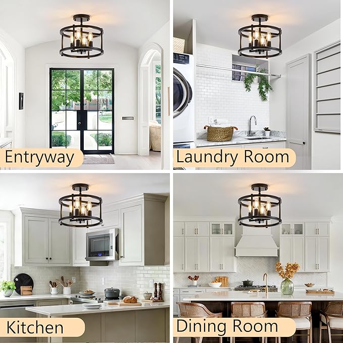 Black Semi Flush Mount Ceiling Light, 4-Light Farmhouse Industrial Ceiling Light Fixture for Hallway Entryway Kitchen Bedroom, Rustic Metal Low Ceiling Light, E12 Base, Bonus Bulbs