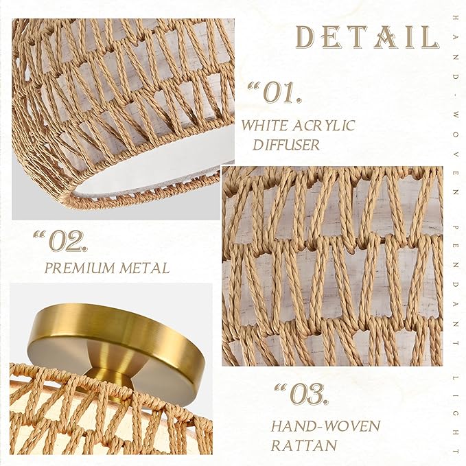 12.6 inch Natural Rattan Ceiling Light Fixture Hand-Woven Rattan Chandelier Boho Ceiling Light Fabric Shade Boho Chandelier for Kitchen Dinning Room (Bulb Incl.)