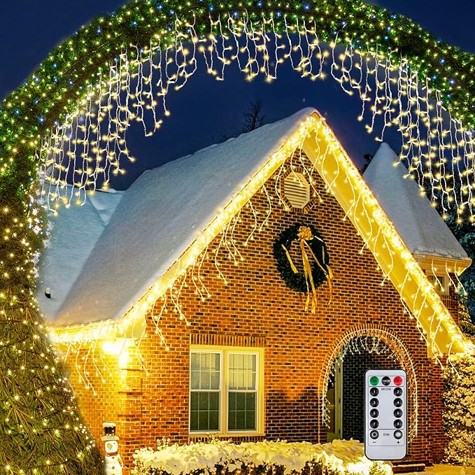 Outdoor Icicle Lights,9.8FT String Lights with Remote Timer, Battery Powered Hanging Window Wall Dripping Ice Light for Outside,Waterproof for House Garden Yard Decor(Warm White)
