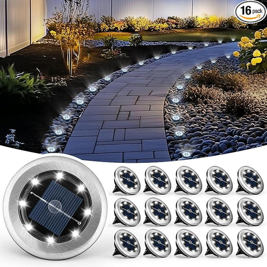 PATIOWIN Mini Solar Ground Lights, 16 Pack Solar Garden Lights, Solar Powered Pathway Lights Warterproof, Outdoor Lights for Driveway, Walkway, Backyard, Patio (Cool White)