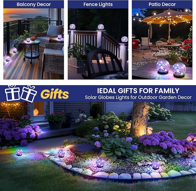 Solar Lights Outdoor for Yard Patio Porch, Garden Decor Birthday Gifts for Mom Women, Solar Globe Lights Waterproof Cracked Glass Ball Outdoor Decorations Balcony Backyard (2 Pack Multicolor)