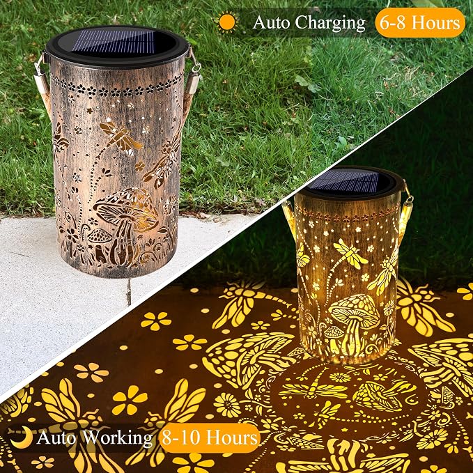 Toodour Solar Lantern Outdoor, Garden Gifts for Mom Grandma Women Hanging Solar Outdoor Lights Waterproof, Hollow Out Retro Metal Dragonfly Lights for Patio, Balcony, Walkway, Yard Decorations