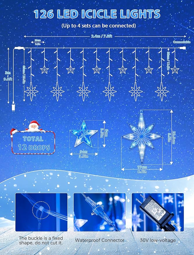 Star Icicle Lights Outdoor,126 Led 12 Star Hanging String Light with 8 Modes,Waterproof Connectable Fairy Star Window Lights for Bedroom,Wall,Wedding,Party,Brithday,Christmas Decor,Blue White
