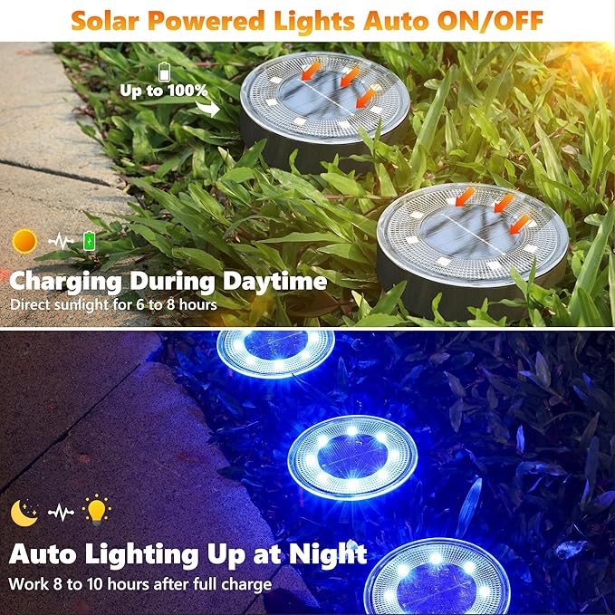 Joomer 2-in-1 Solar Lights Outdoor Waterproof, 4 Pack 8 LED, Blue | Solar Powered Garden Lights Ground Disc Landscape Lighting for Patio Pathway Lawn Yard Driveway Walkway Deck Step