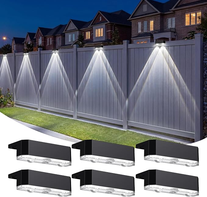 Peasur Solar Fence Lights Outdoor 6 Pack, Deck Light Solar Powered, Waterproof LED Step Lights for Railing Yard Patio Outside, Cool White